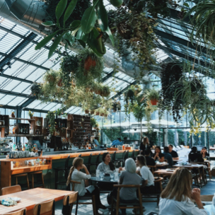 People dining in an elegant indoor restaurant with plants hanging from the ceiling